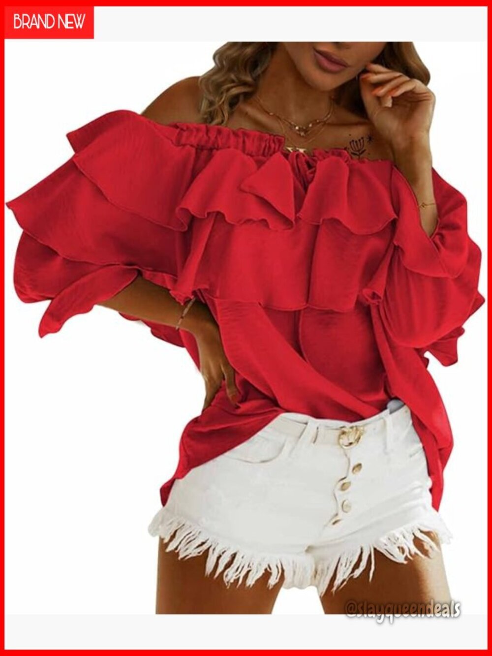 Off Shoulder Ruffle Blouse Long Sleeve Loose Fit Polyester Spandex Top
